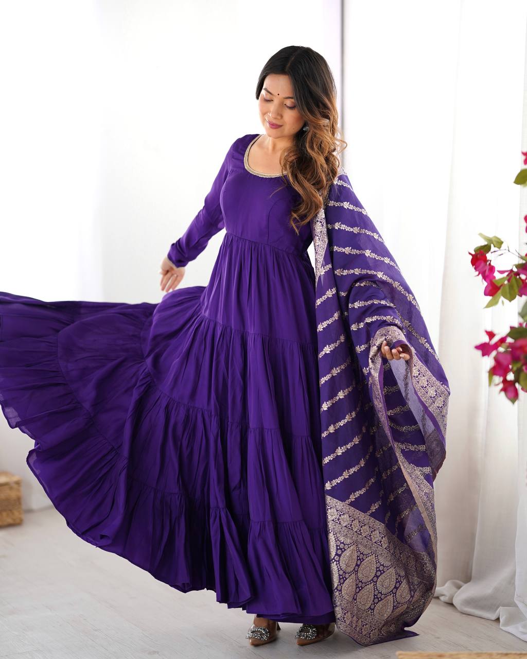 Purple Roman silk Ashika flared designer Anarkali suit