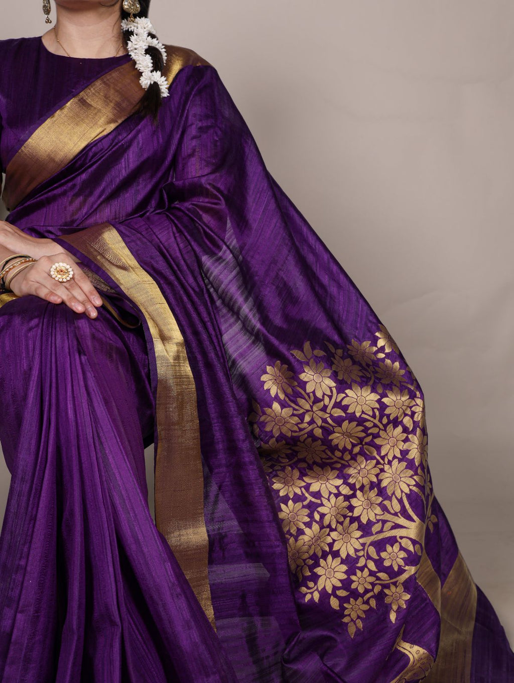 Purple raw silk zari weaving saree with unstitched blouse