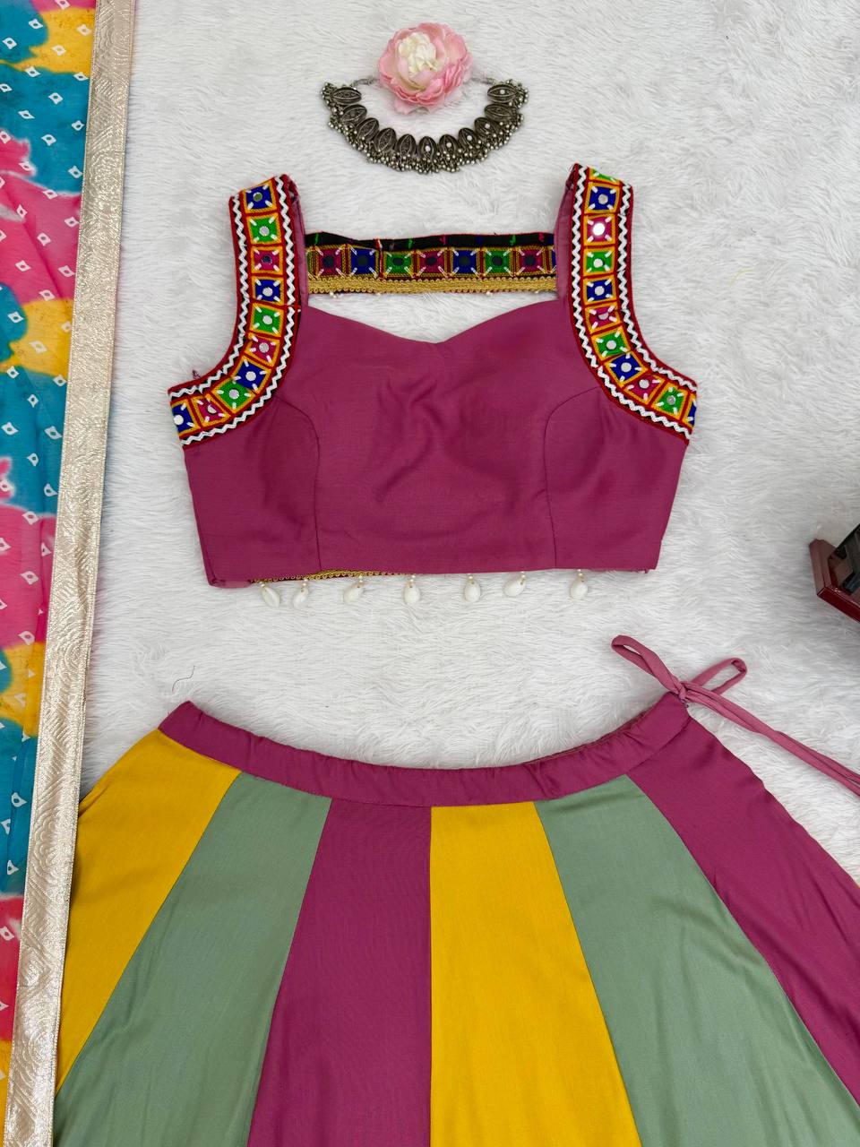 Multicolor rayon Gamthi thread mirror work Navratri lehenga choli with dupatta