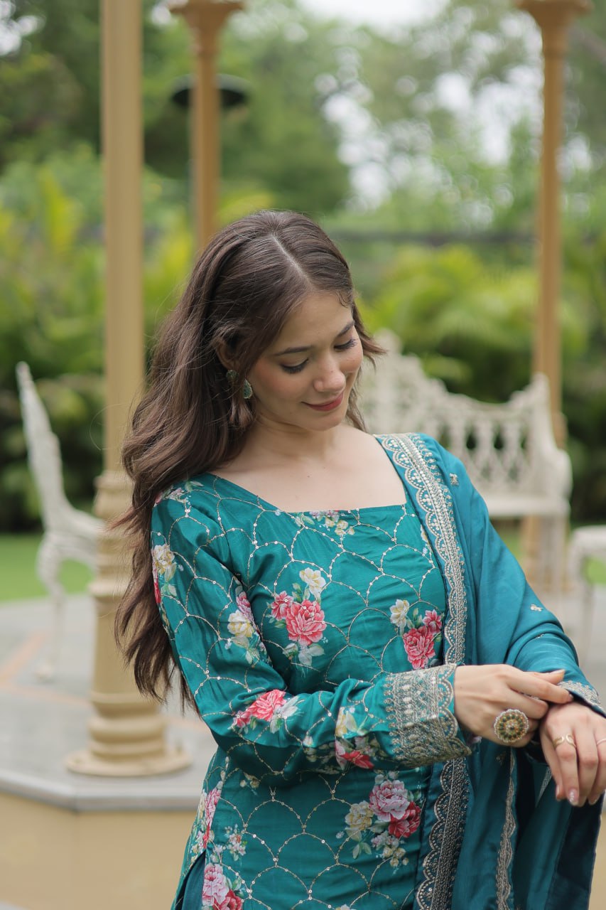 Teal chinon embroidered Medhasvi designer sharara suit