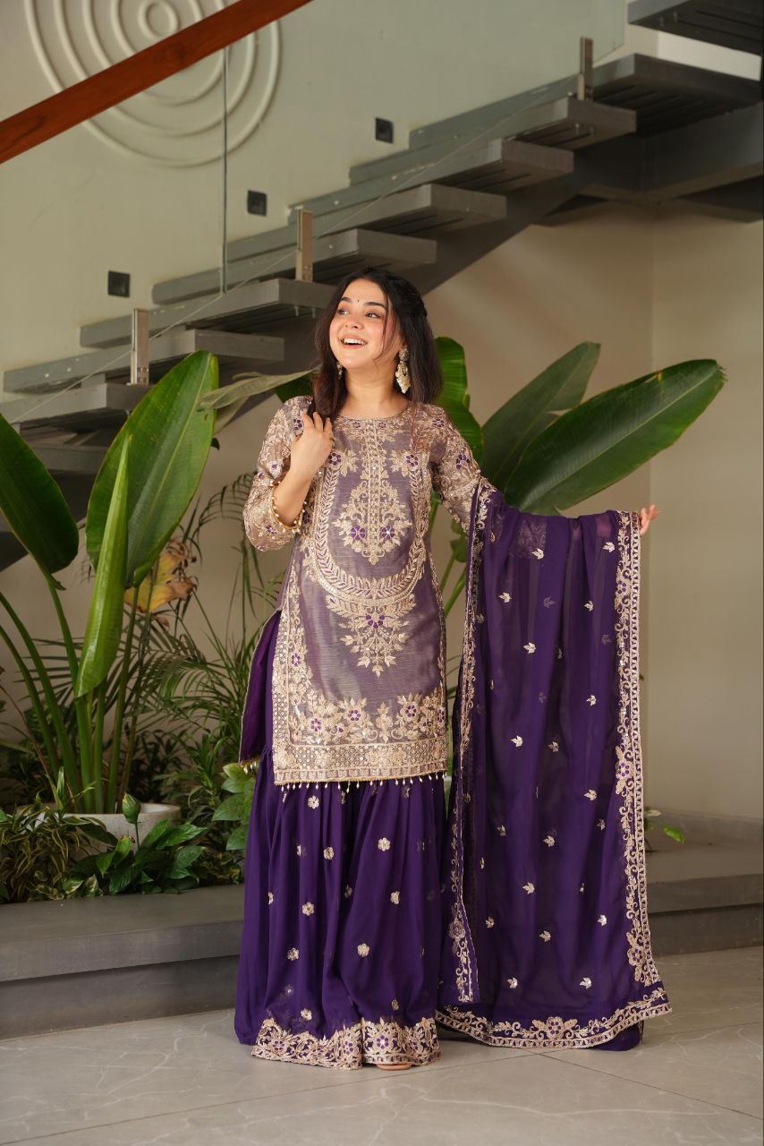Purple crazy silk embroidered kurti palazzo set with dupatta