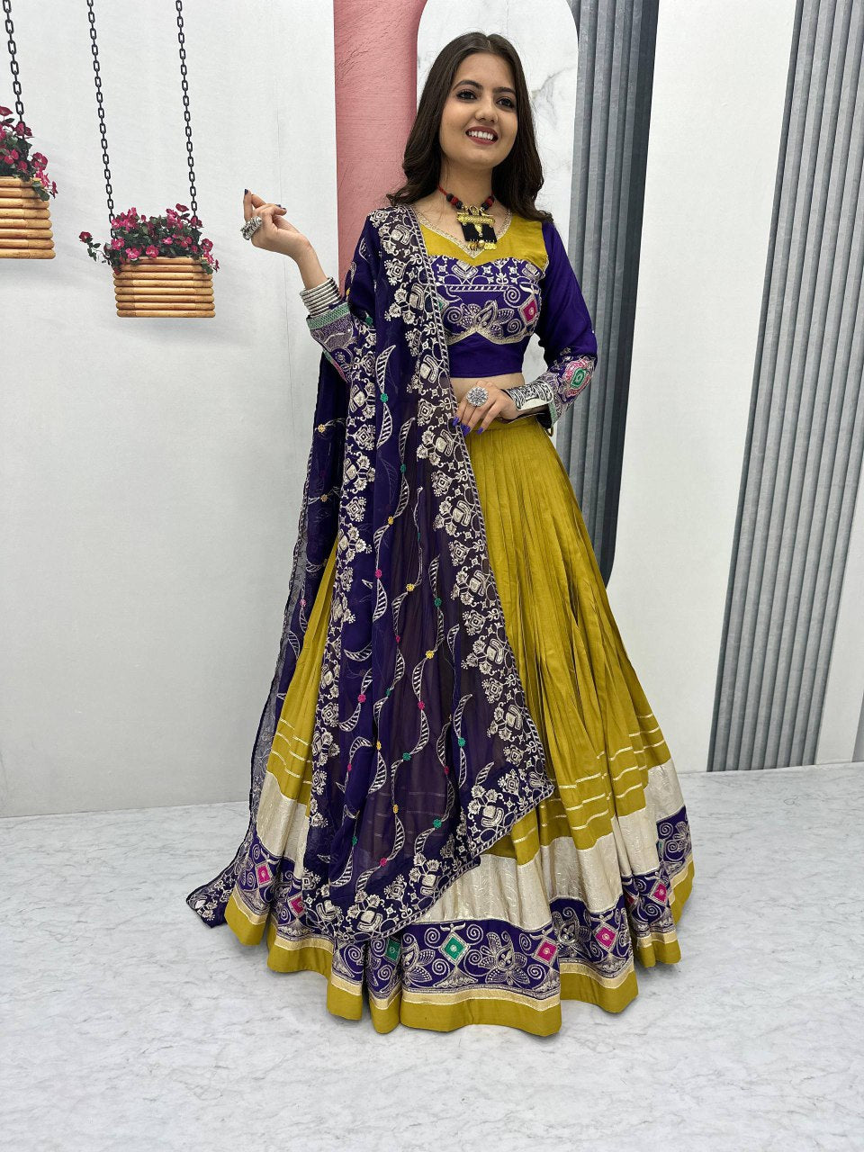 Mustard yellow pure cotton embroidered sequins work lehenga choli