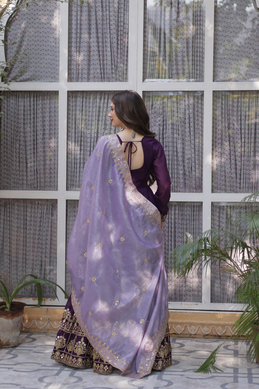 Purple star georgette embroidered zari sequins work gown with dupatta