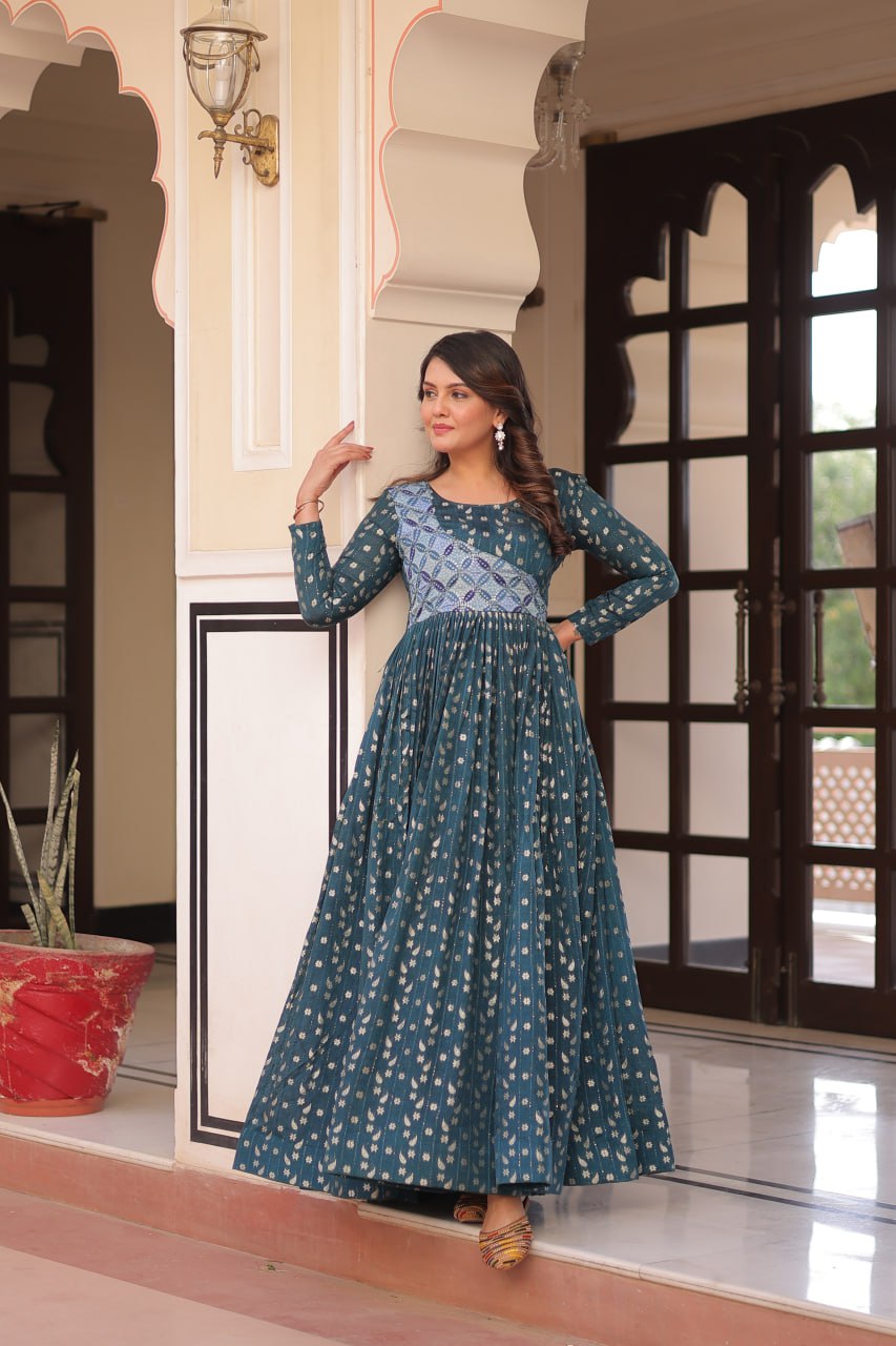 Rama color printed Vani choli flared designer gown
