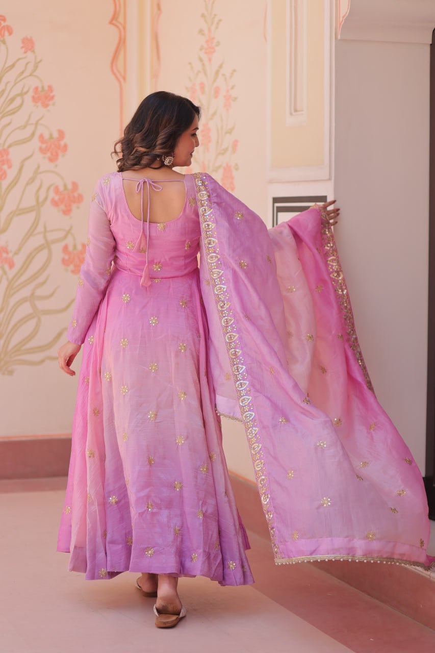 Pink organza flair gown with sequins zari embroidery and dupatta