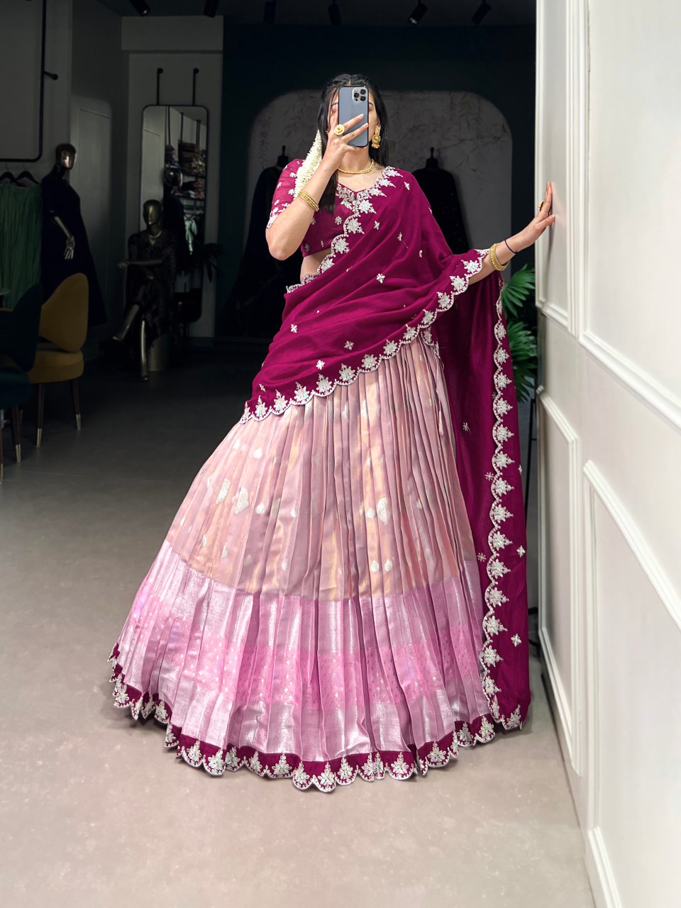 Pink zari Kota lehenga with zari weaving embroidered Vichitra silk dupatta