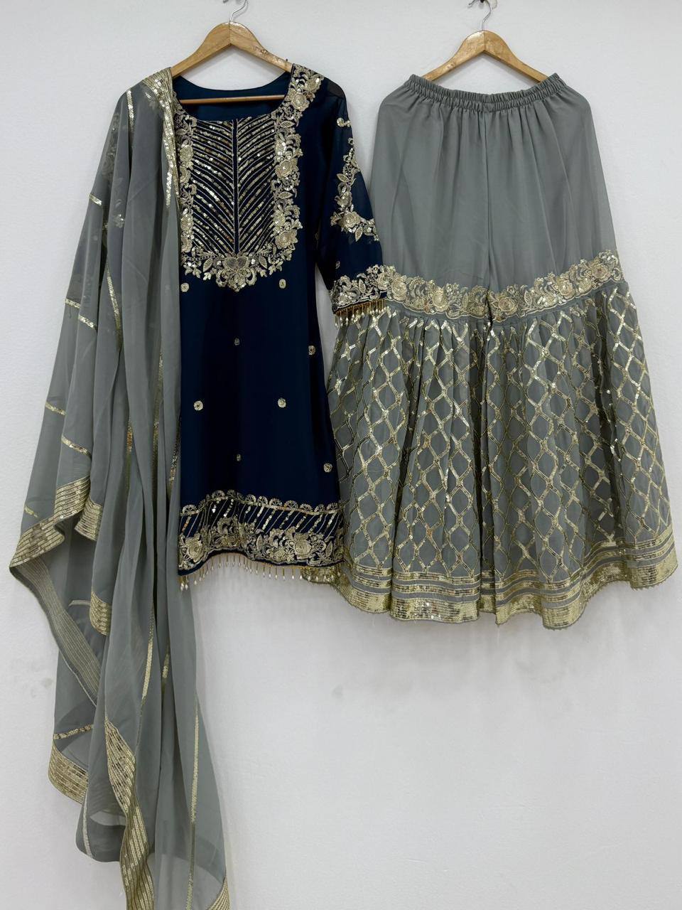 Blue fox georgette embroidered heavy sequence work kurti palazzo set