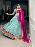 Mint green pure rayon lehenga choli with mirror Gamthi work and Kodi lace dupatta