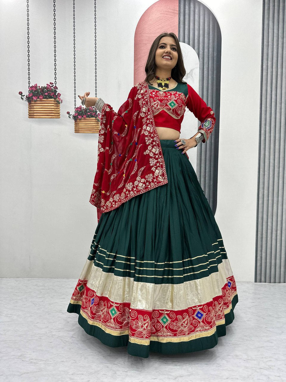 Green pure cotton embroidered sequins work lehenga choli