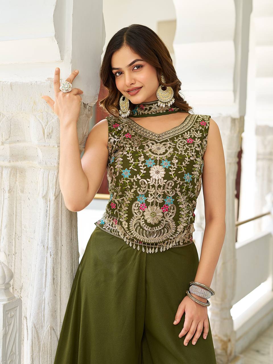 Stuti olive green star georgette top palazzo set with sequins thread embroidery