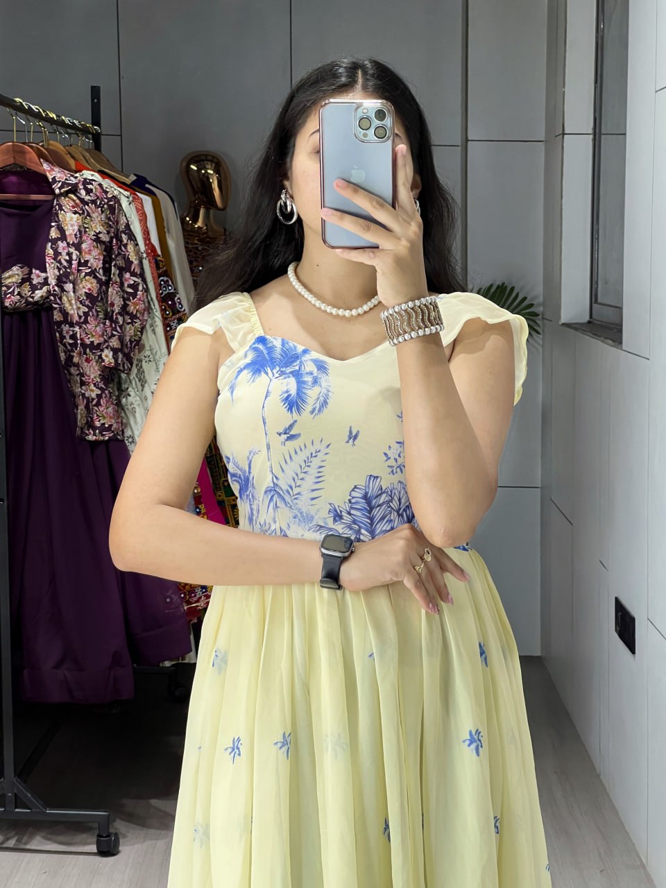 Pale yellow weightless floral print double frills gown
