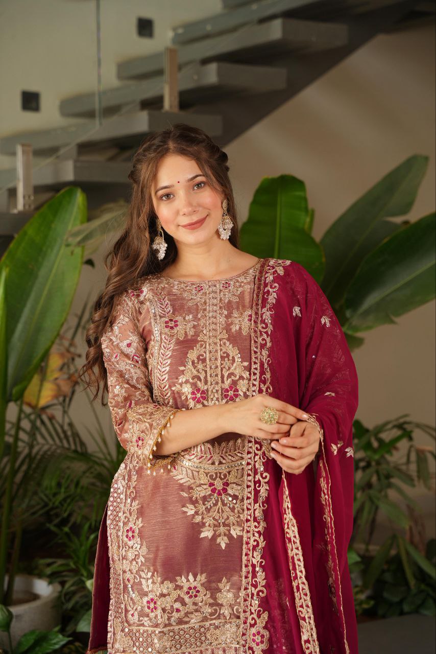 Maroon crazy silk embroidered kurti palazzo set with dupatta