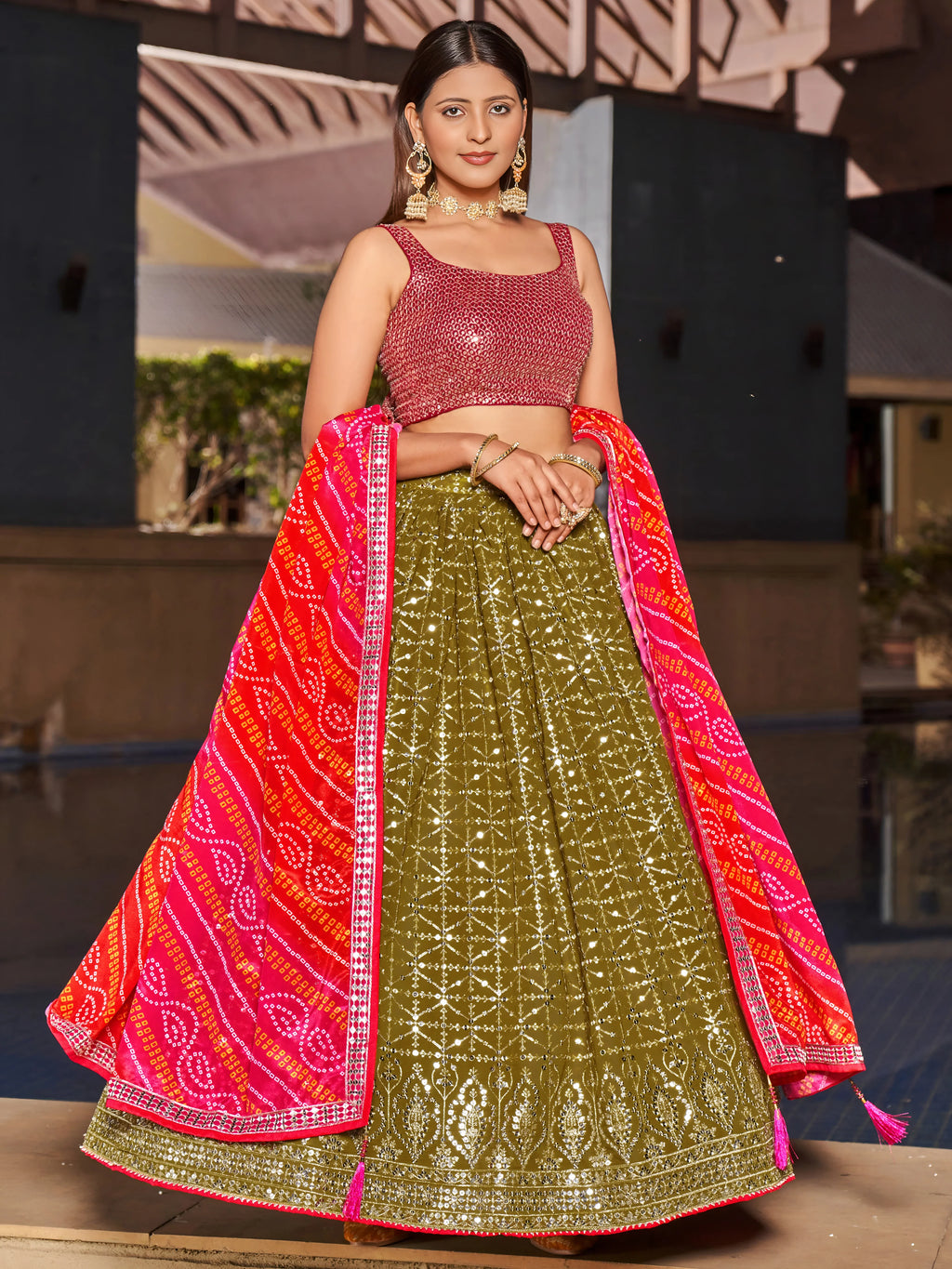 Navya olive green embroidered lehenga choli with Bandhani dupatta