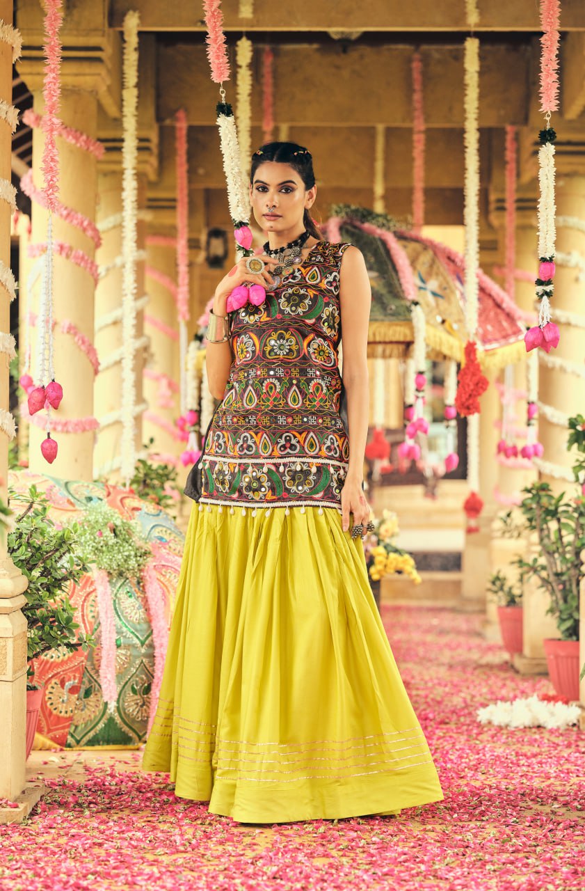 Yellow pure rayon ribbon work embroidered lehenga choli

