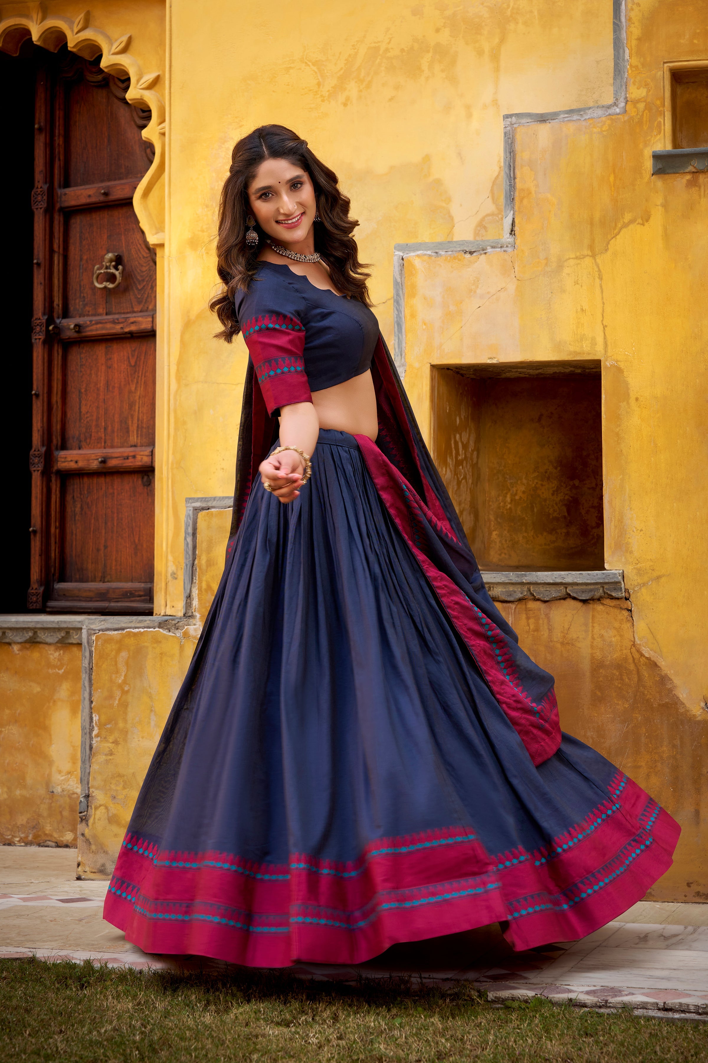 Swastika navy blue pure Chanderi thread work half saree lehenga