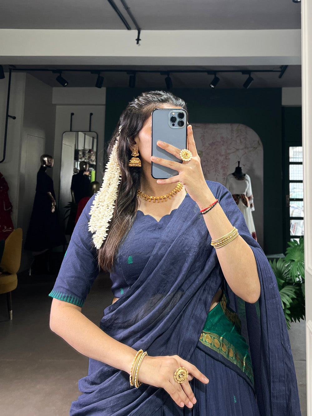 Navy blue Chanderi half-saree lehenga with zari weaving design