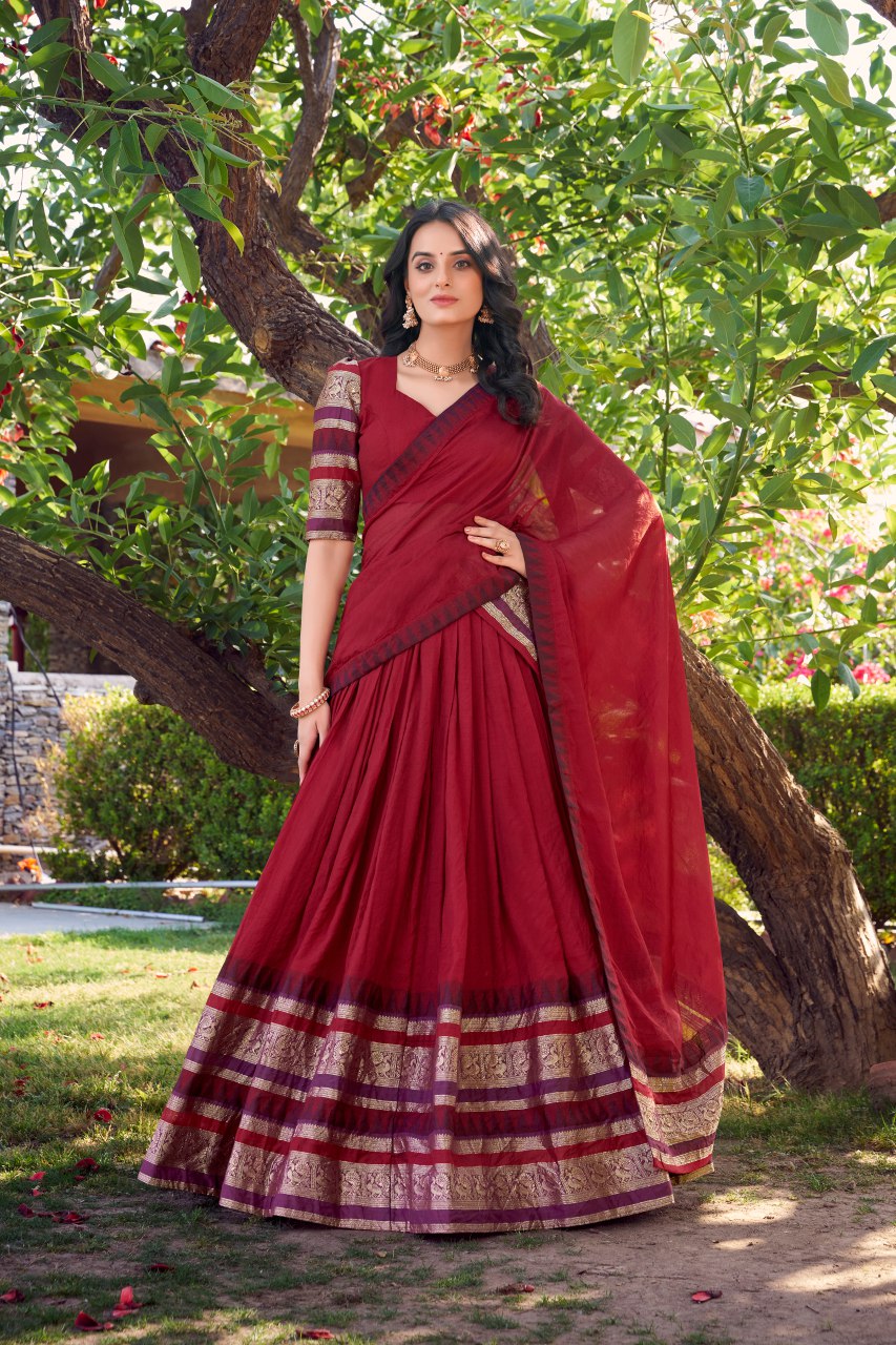 Maroon pure chanderi lehenga choli with zari weaving work and dupatta