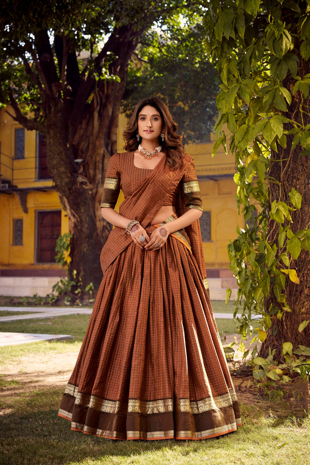 Rimi rust orange Chettinad cotton chex half saree lehenga with zari weaving work