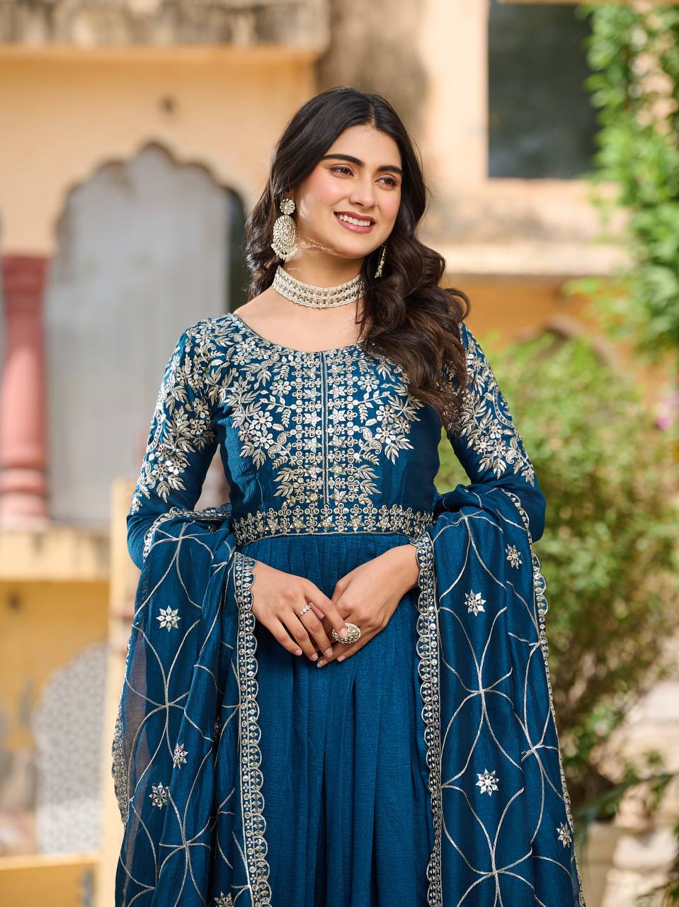 Piya teal blue Vichitra silk gown with sequins embroidery and dupatta