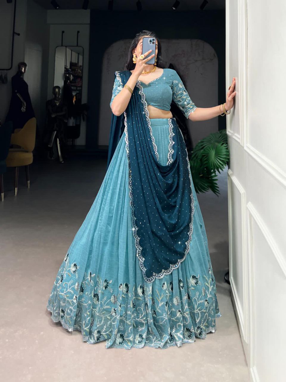 Sky blue silver glossy embroidered hotfix work lehenga choli