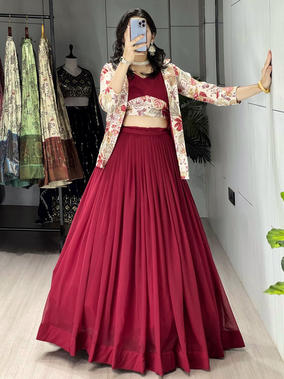Alka maroon georgette foil printed lehenga choli with koti jacket