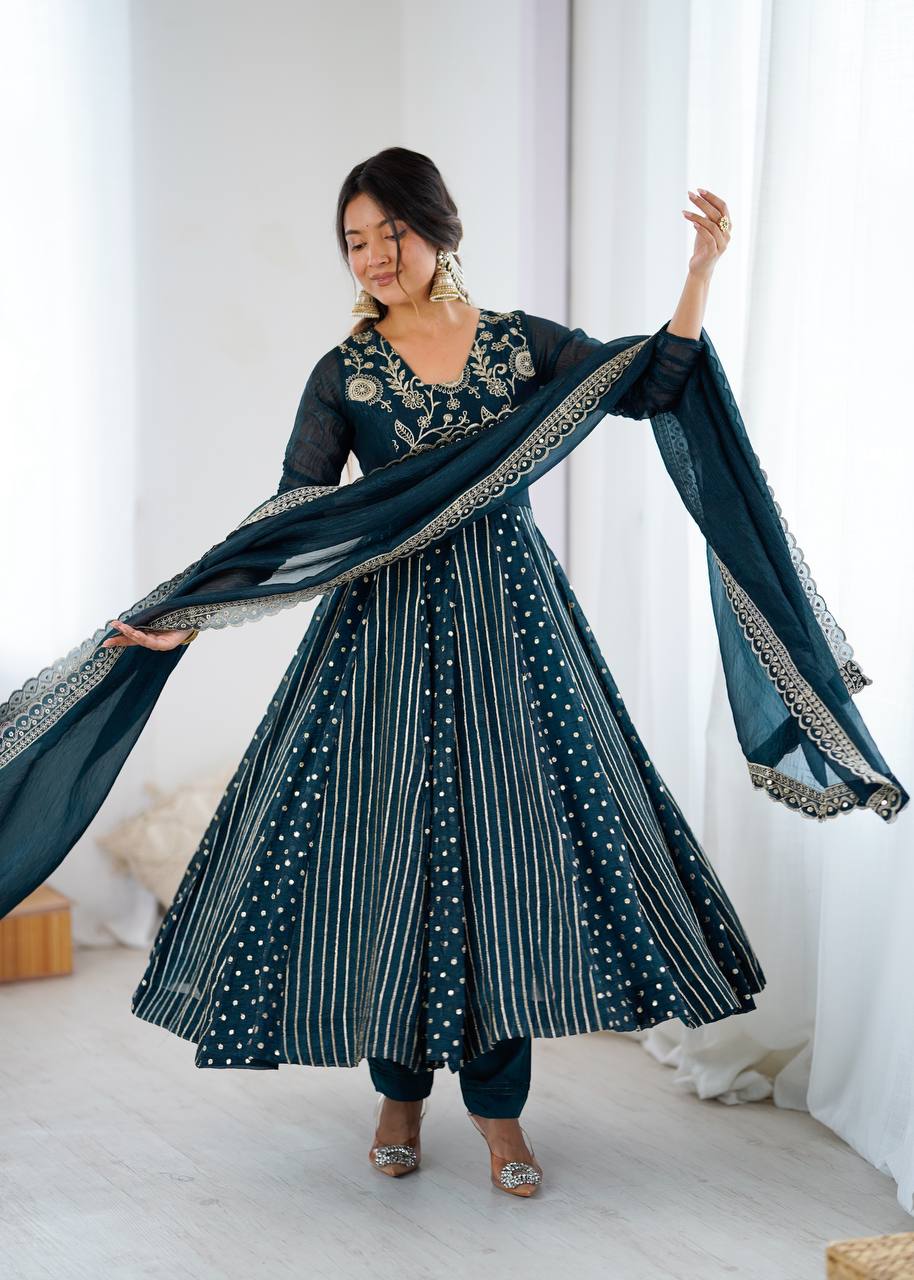 Teal green crunchy silk embroidered Anarkali suit set