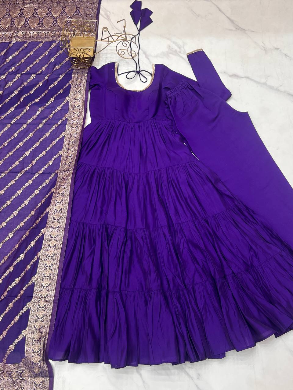 Purple Roman silk Ashika flared designer Anarkali suit