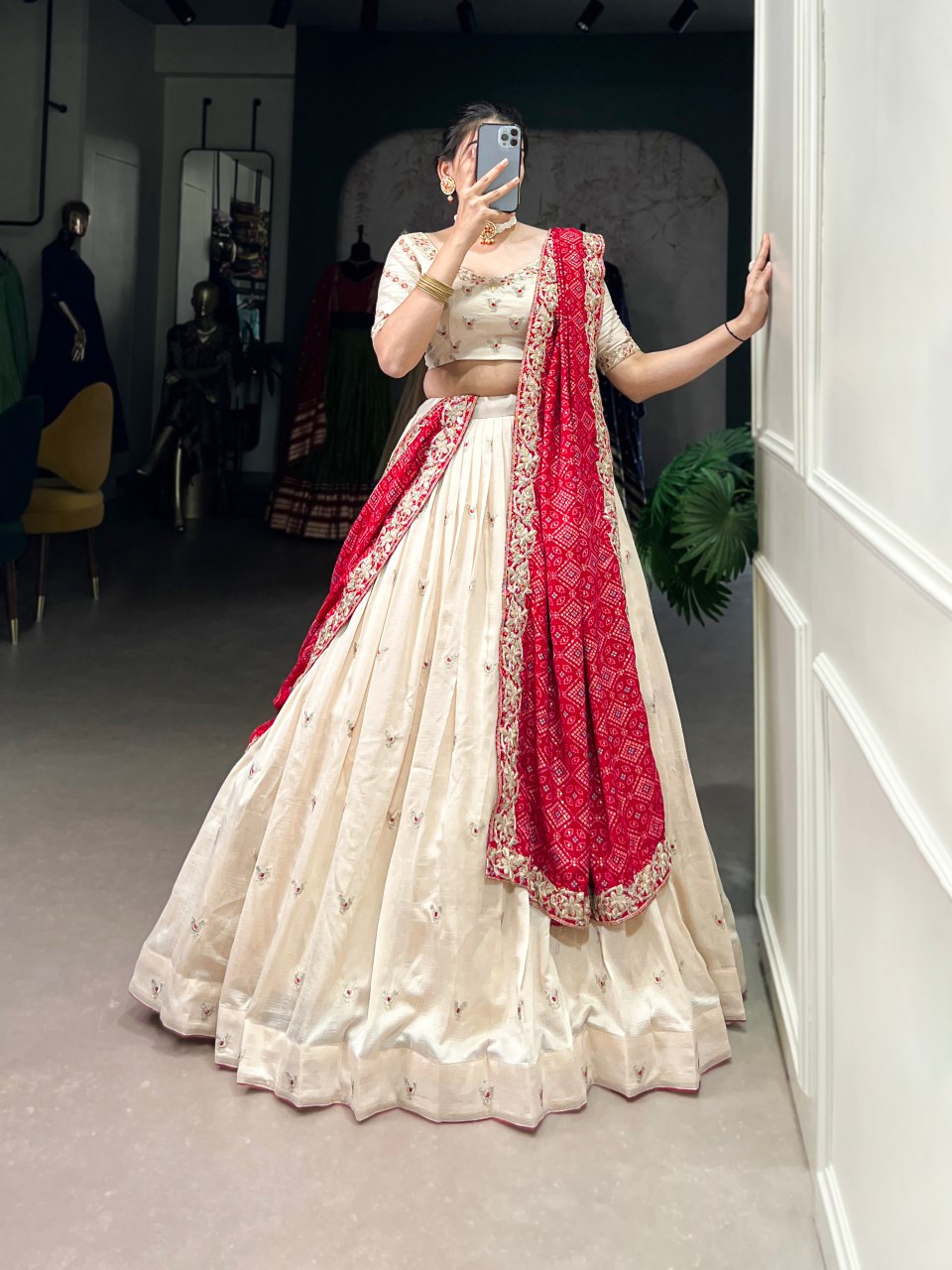 Off-white Vichitra silk embroidered lehenga choli with Bandhej dupatta