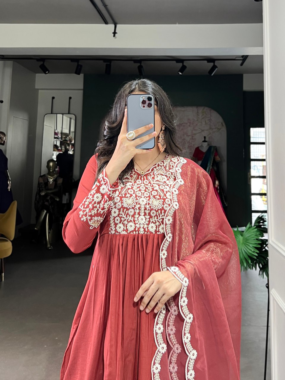 Rust orange Maska cotton embroidered kurta set with dupatta