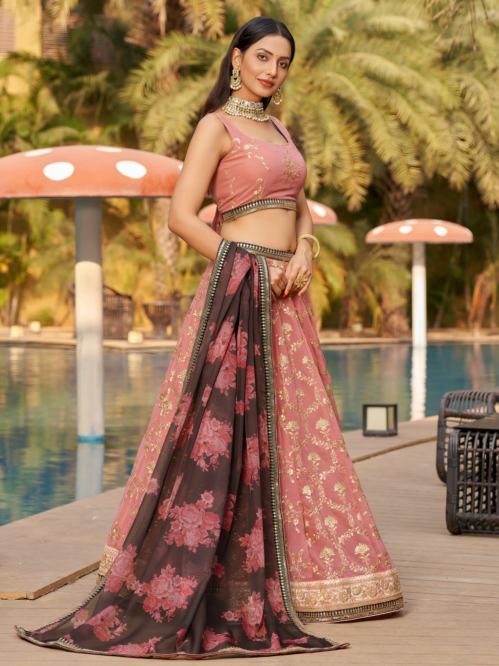 Navya dusty pink embroidered lehenga choli with floral dupatta