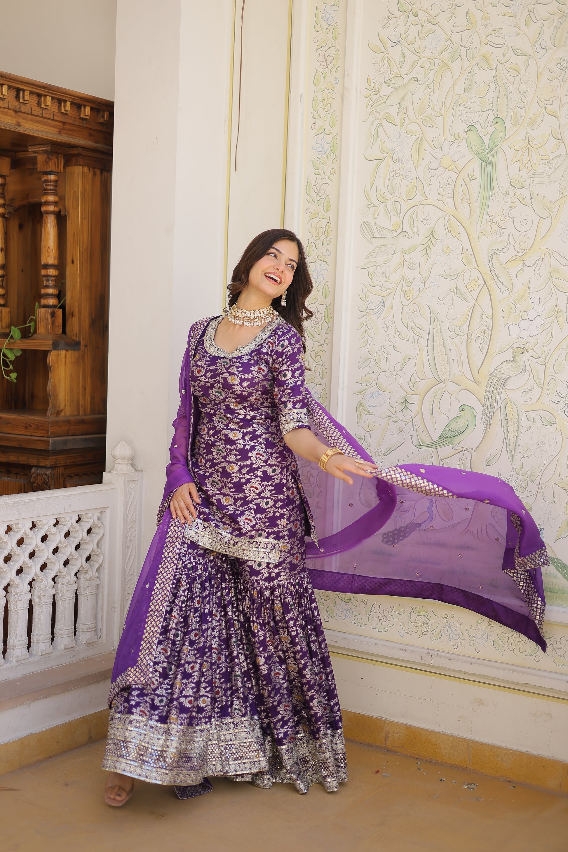 Wine viscose embroidered Krishnapriya designer gharara suit