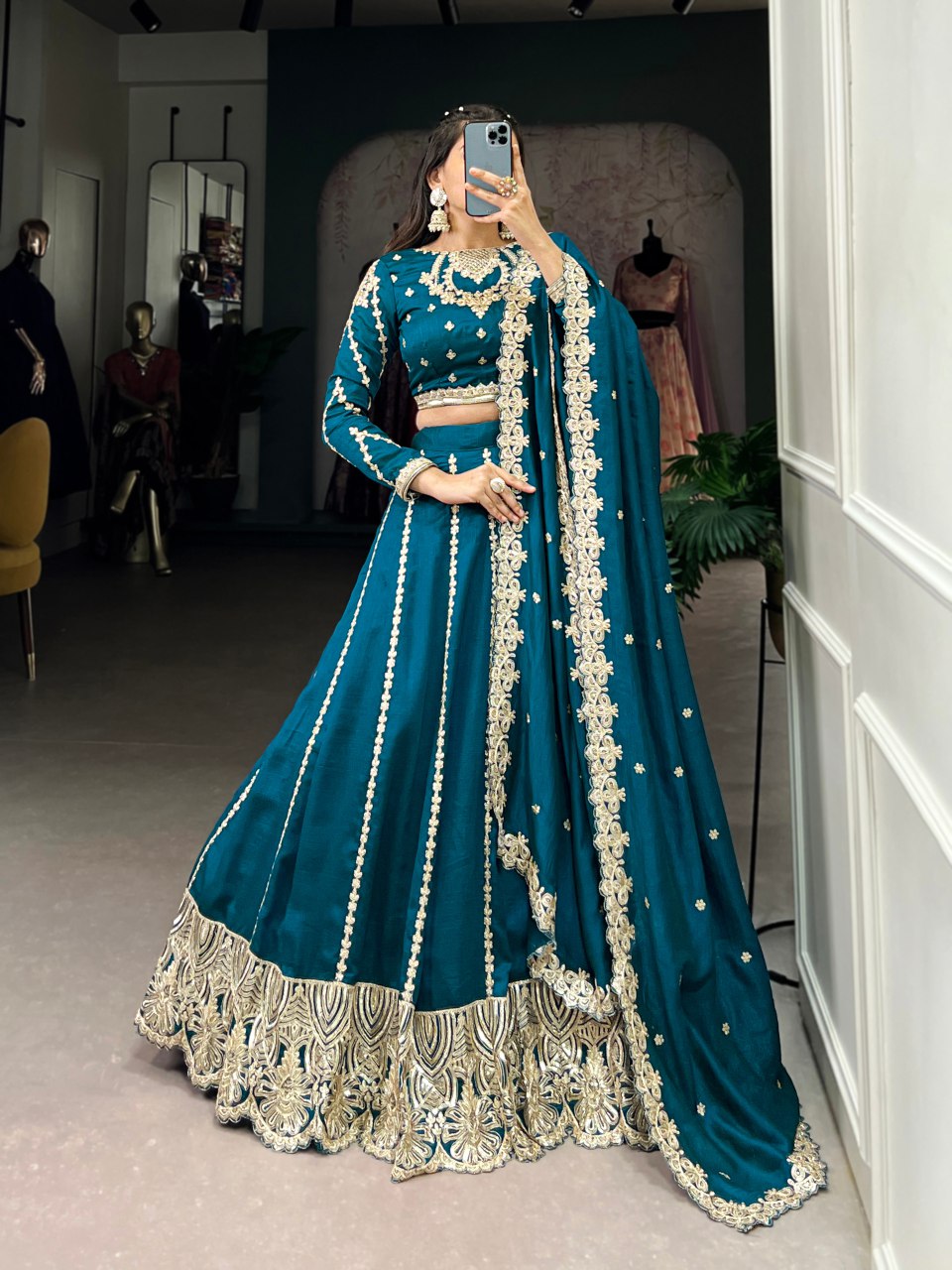 Sravya teal vichitra silk sequins embroidered lehenga set