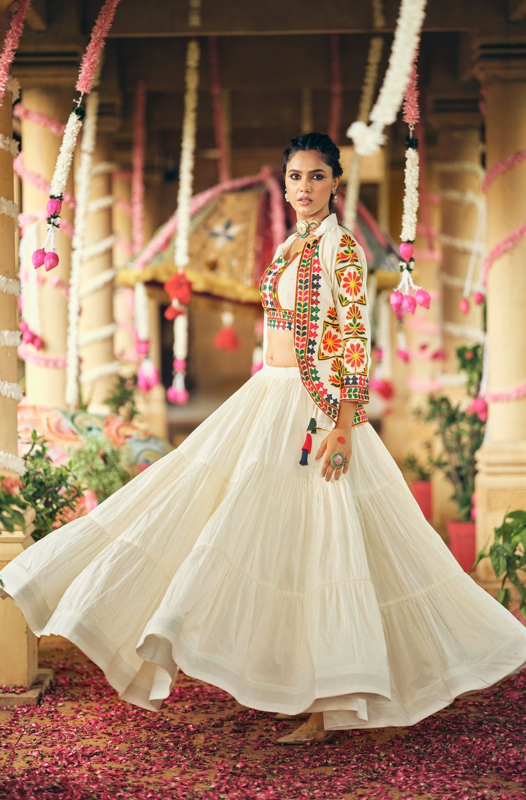 Off-white pure cotton embroidery work lehenga choli with koti
