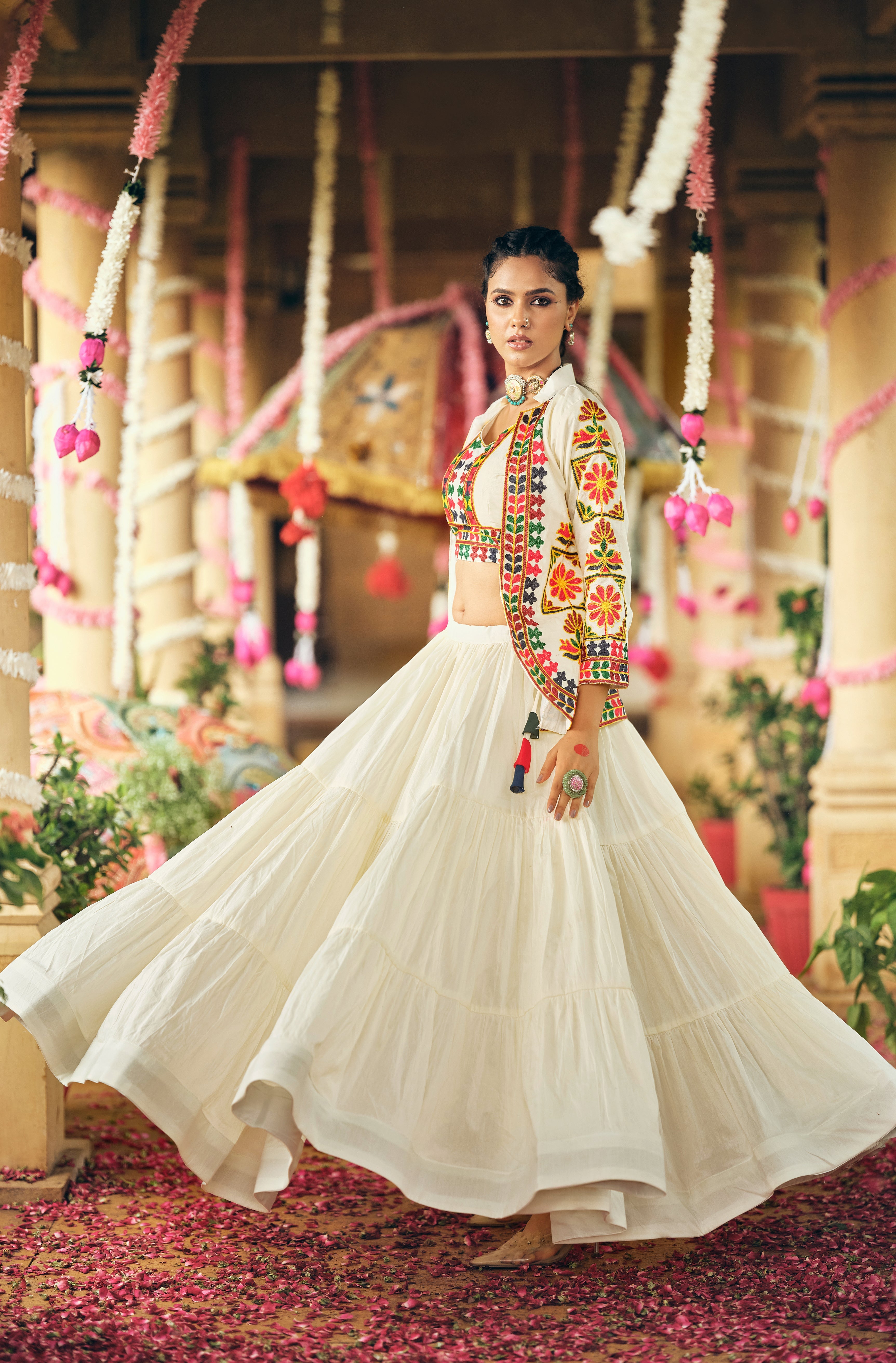Off-white pure cotton embroidery work lehenga choli with koti