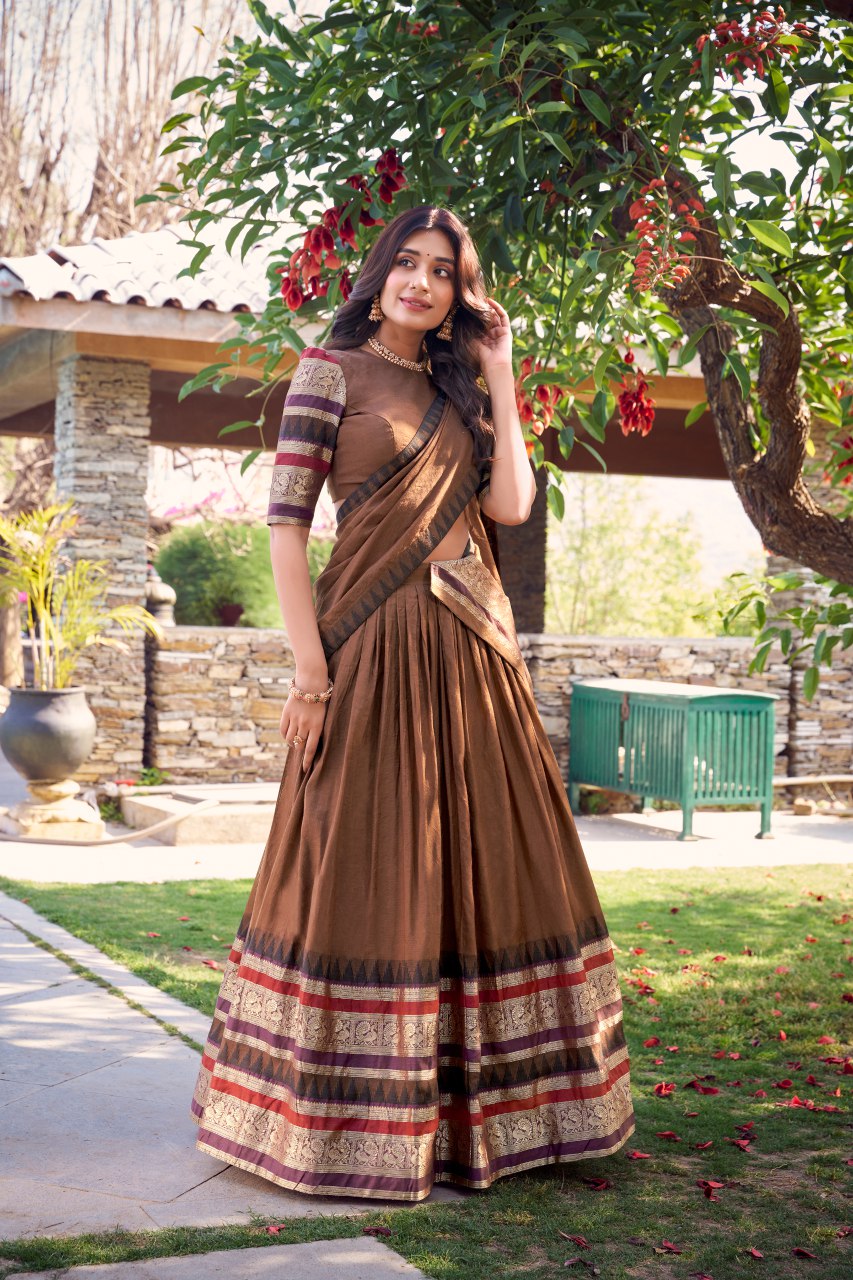 Brown pure Chanderi lehenga choli with zari weaving work and dupatta