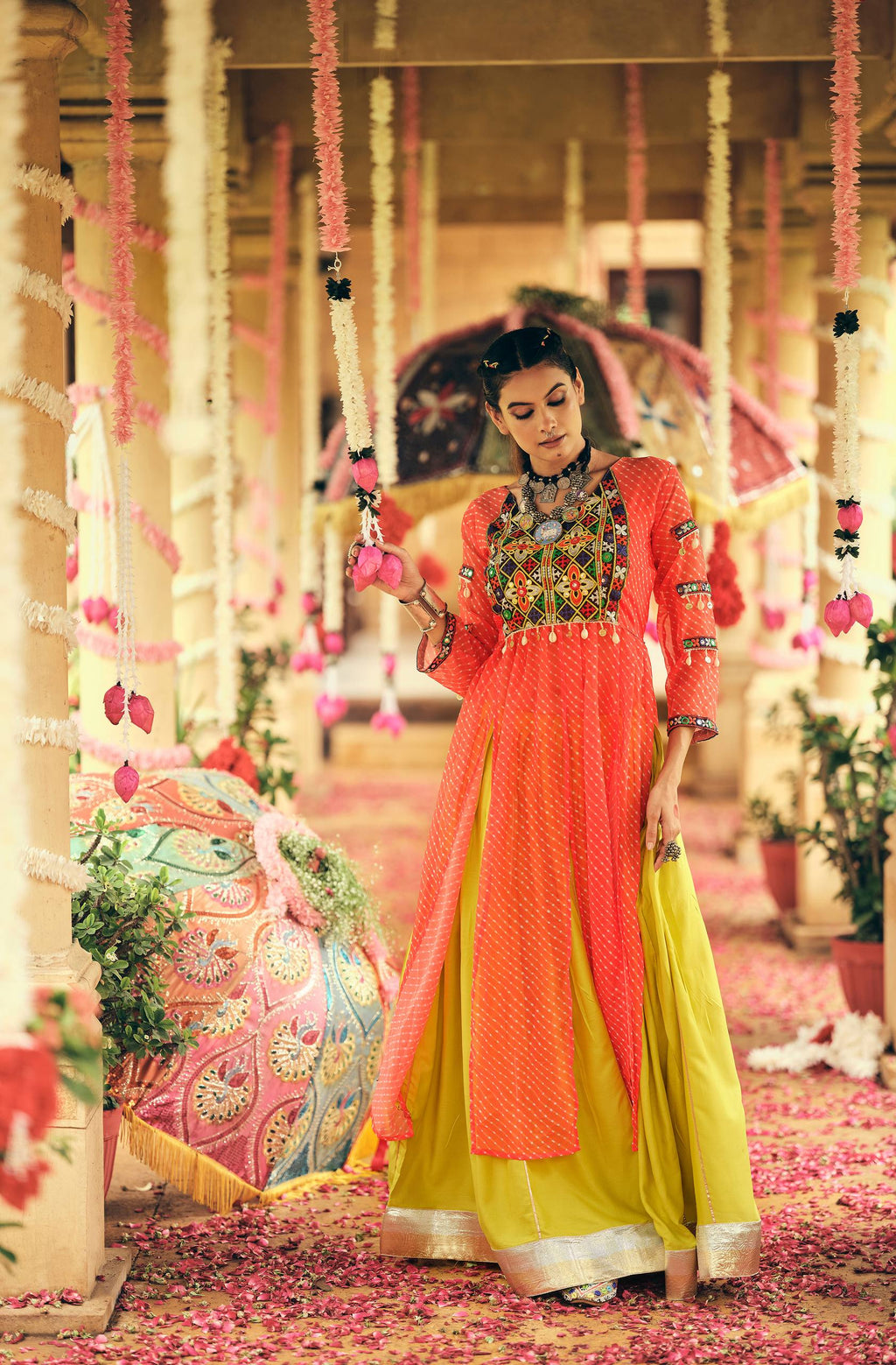 Orange pure rayon canvas patta embroidered mirror work lehenga choli
