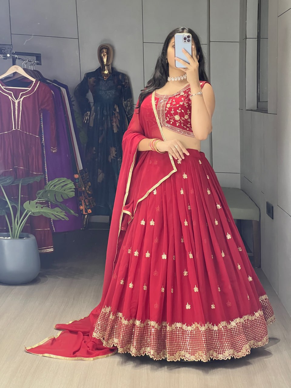 Yami maroon georgette embroidered lehenga choli with dupatta