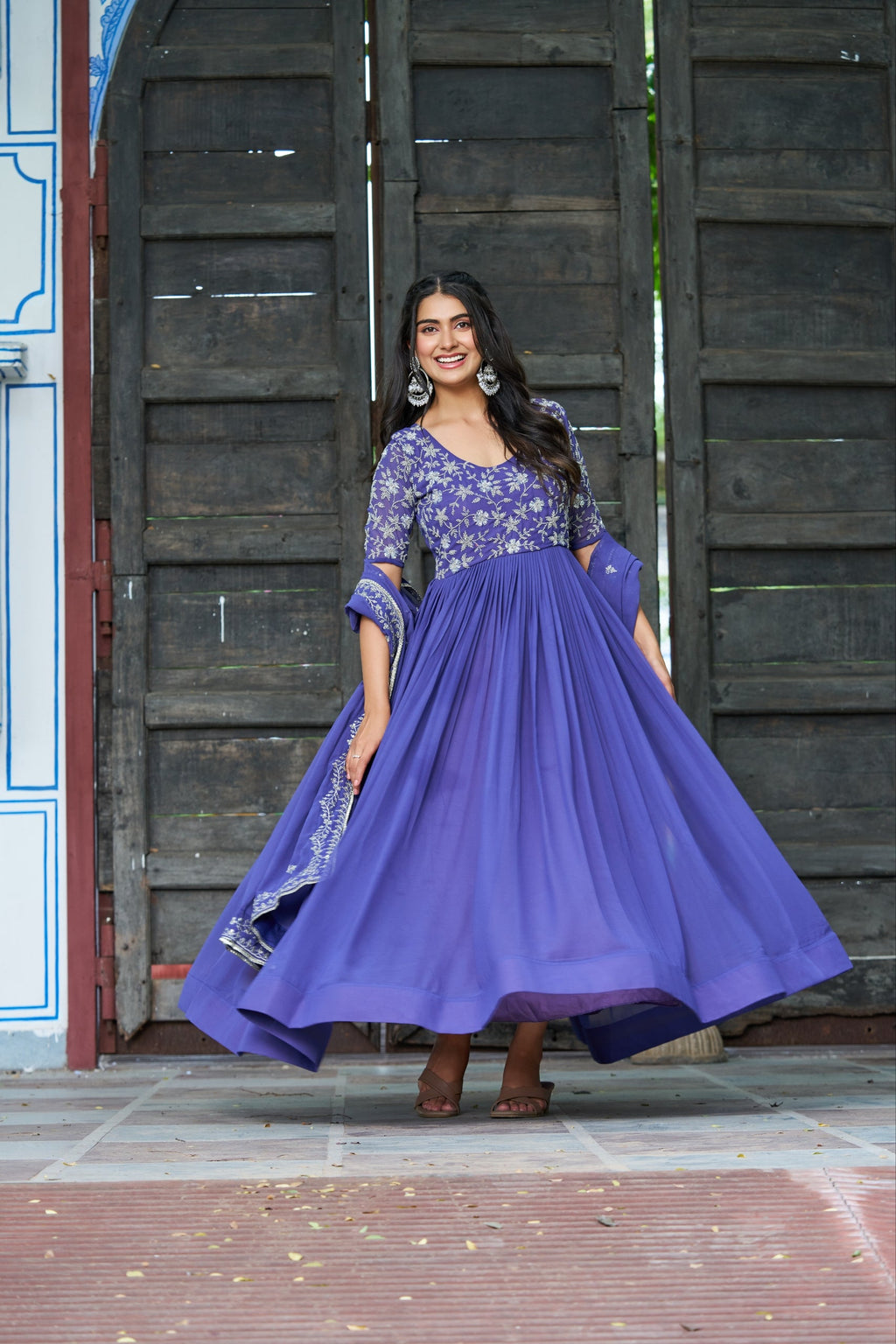 Rahi lavender faux blooming gown with sequins beads embroidery and dupatta