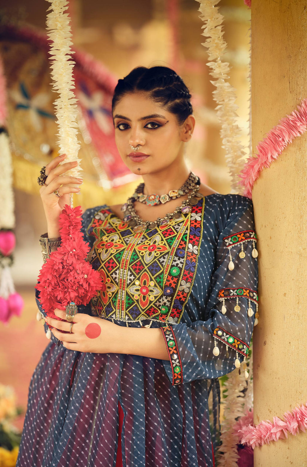 Navy blue pure rayon canvas patta embroidered mirror work lehenga choli