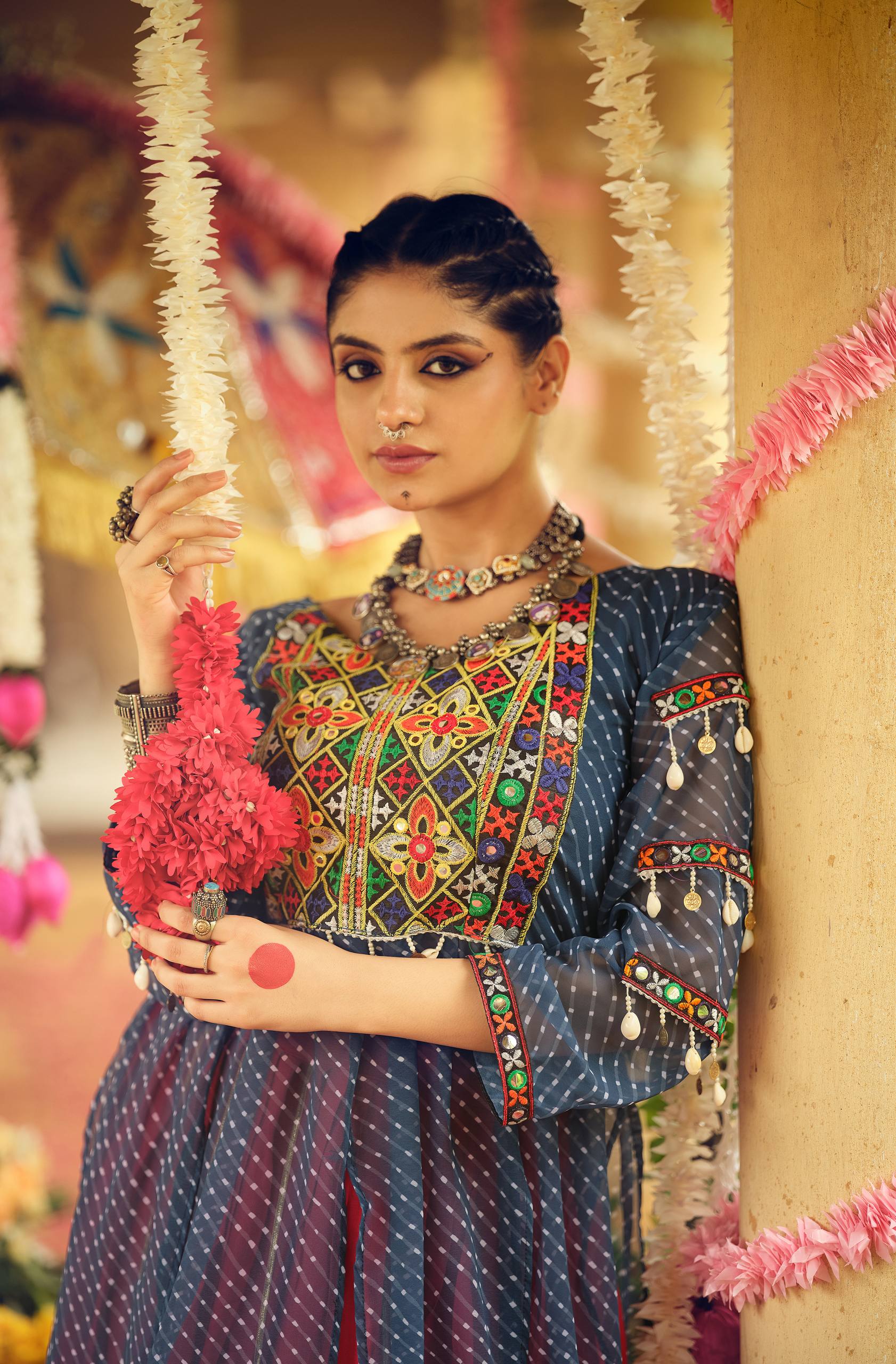 Navy blue pure rayon canvas patta embroidered mirror work lehenga choli