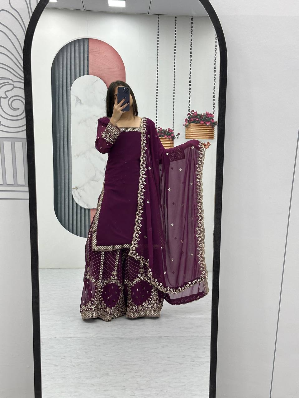 Aroa purple fox georgette kurti palazzo set with embroidery sequence work