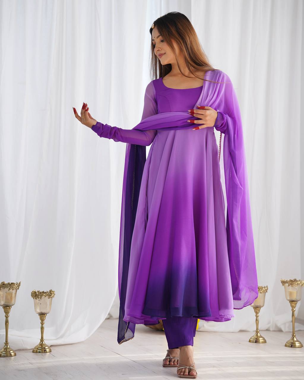 Purple georgette Anarkali gown with dupatta, printed flair gown set, party wear Anarkali set for women—fully stitched festive Trinaari outfit.