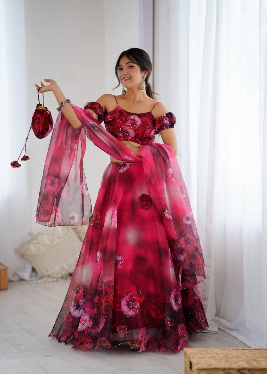 Red pure organza digital print zari work lehenga choli with batwa bag