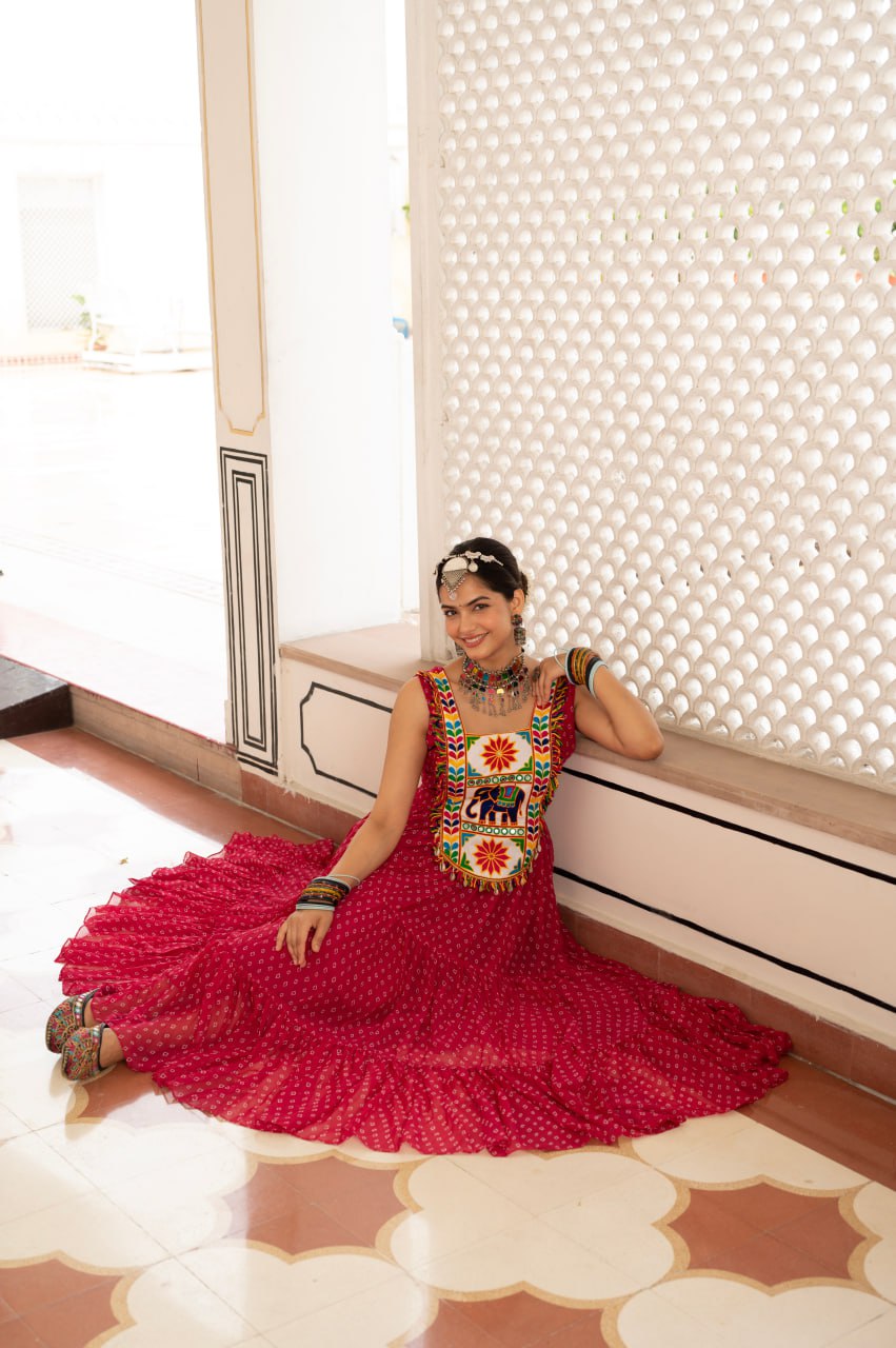 Pink faux georgette Bandhani print Kutchi patch mirror work gown
