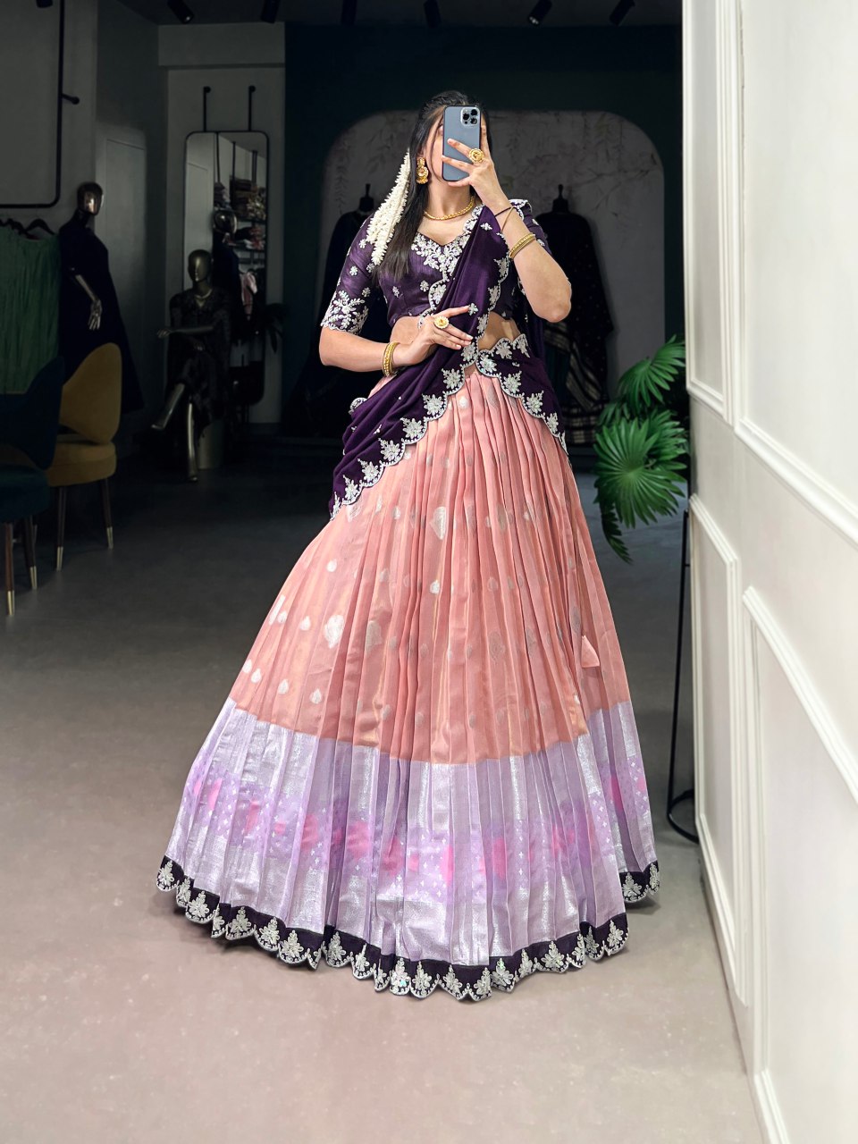 Peach zari Kota lehenga with zari weaving embroidered Vichitra silk dupatta