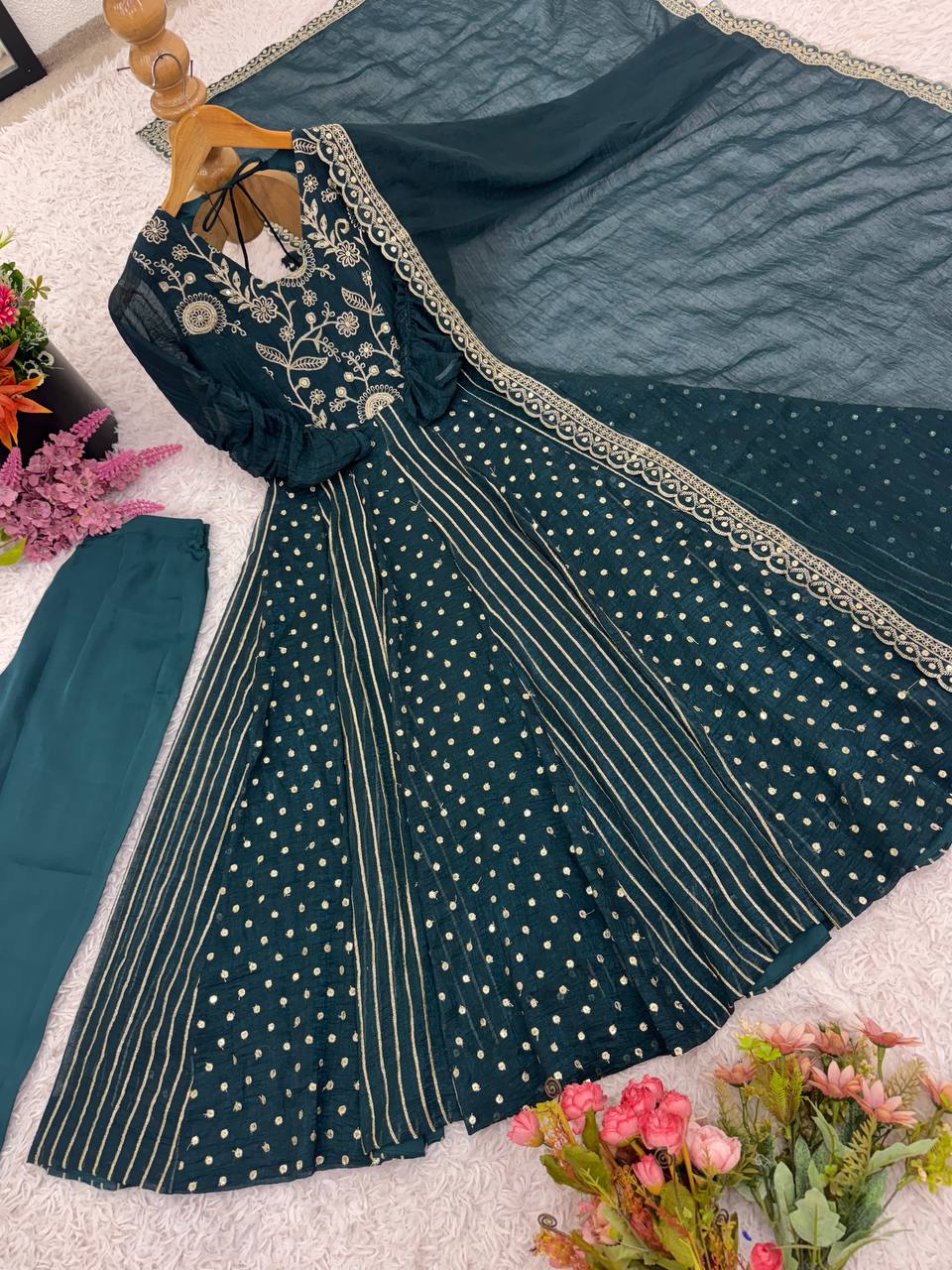 Teal green crunchy silk embroidered Anarkali suit set