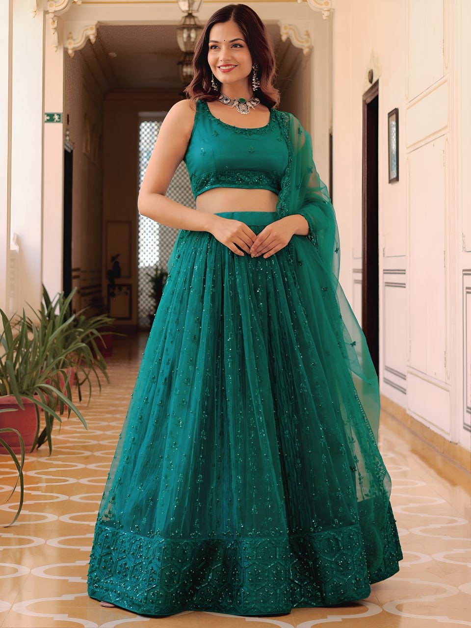 Teal green soft net thread sequins pearl embroidery lehenga choli
