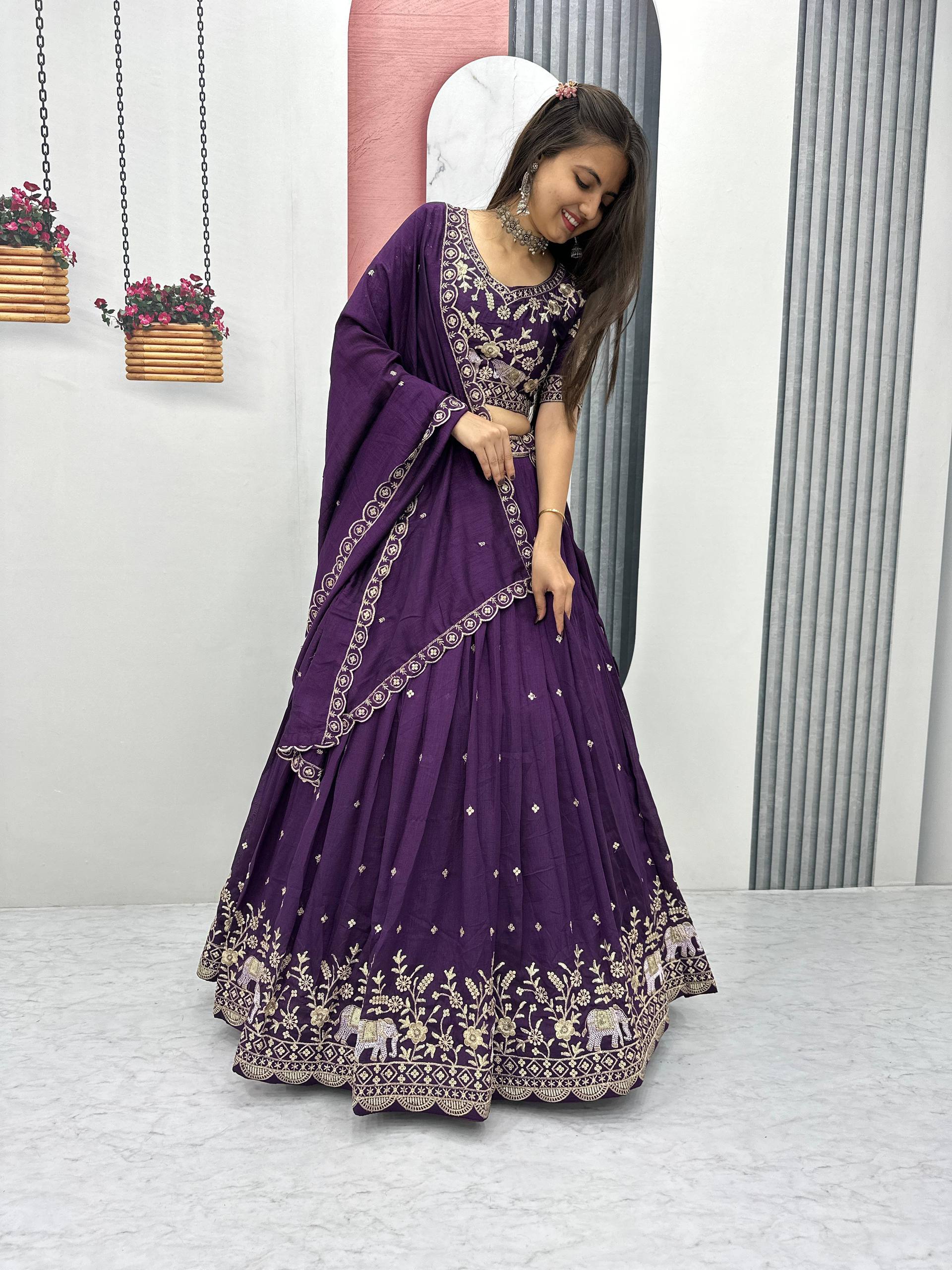 Gopi deep purple Vichitra silk lehenga choli with embroidery sequins thread work