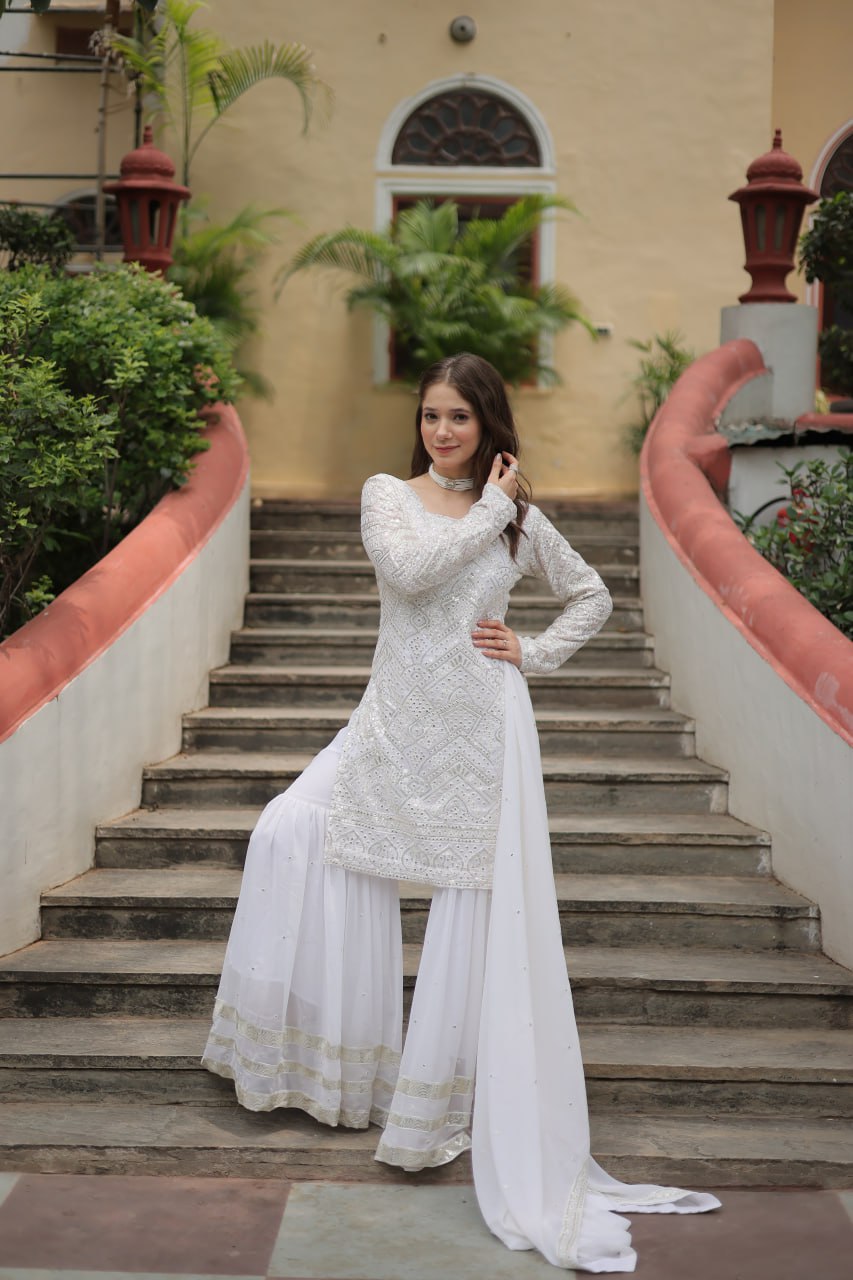 White georgette embroidered Lavya designer sharara suit