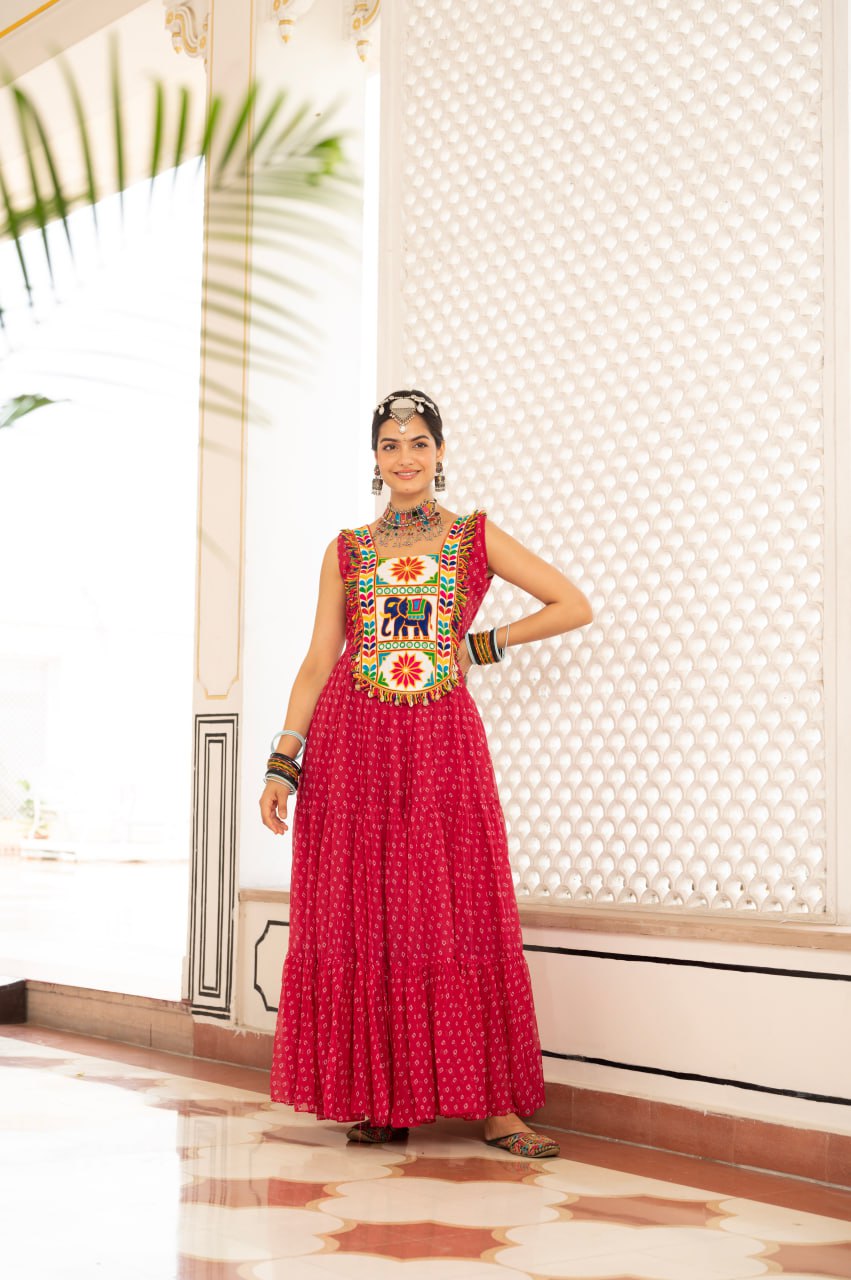 Pink faux georgette Bandhani print Kutchi patch mirror work gown